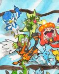  braixen brionne claws closed_eyes closed_mouth colored_sclera commentary crocalor cropped dartrix dewott english_commentary eyelashes floragato highres mofinngram nostrils open_mouth painting_(medium) pink_eyes pokemon pokemon_(creature) pokemon_focus quaxwell red_eyes servine sharp_teeth smile teeth torracat traditional_media watercolor_(medium) yellow_sclera 