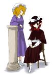  2girls amacha_0000 black_capelet black_hat black_skirt blonde_hair blush bow bowtie brown_hair buttons capelet chair commentary contrast_collar dr.latency's_freak_report dress from_side full_body hands_on_lap hat hat_bow highres lafcadio_hearn long_sleeves maribel_hearn medium_hair mob_cap multiple_girls no_shoes photo-referenced pillar pose_imitation purple_dress real_life red_bow red_bowtie shirt sitting skirt smile socks standing touhou twitter_username usami_renko white_background white_hat white_shirt white_socks wooden_chair yellow_eyes 