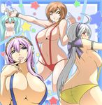  ass back blue_eyes blush bow breast_envy breasts brown_hair butt_crack cleavage finger_to_mouth grey_hair hair_bow hatsune_miku heart huge_breasts kara_age long_hair megurine_luka meiko multiple_girls navel one_eye_closed pink_hair ponytail red_eyes short_hair sideboob slingshot_swimsuit smirk star swimsuit vocaloid yowane_haku 