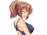  1girl :d ^_^ aomi_riru blue_one-piece_swimsuit blush breasts brown_hair closed_eyes covered_nipples from_side game_asset hair_between_eyes hair_ornament hair_scrunchie large_breasts large_variant_set non-web_source official_art one-piece_swimsuit open_mouth ponytail school_swimsuit scrunchie self-datamine sidelocks simple_background smile solo standing swimsuit tachi-e tan toriumi_hinata transparent_background upper_body variant_set yumemi_ga_cheek! 