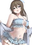  1girl absurdres bare_shoulders bikini blue_bikini blue_eyes blush breasts brown_hair commentary_request frilled_bikini frills hair_between_eyes highres large_breasts long_hair looking_at_viewer love_live! love_live!_nijigasaki_high_school_idol_club love_live!_school_idol_festival_all_stars navel off_shoulder open_mouth opened_by_self osaka_shizuku osaka_shizuku_(i_cannot_afford_to_slip_here!) simple_background solo swimsuit teeth upper_teeth_only white_background yuu_(shampoohatslime) 