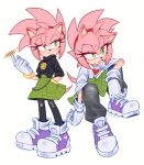  1girl alternate_costume alternate_hairstyle amy_rose animal_ears animal_nose arm_on_knee artist_name black_leggings black_shirt body_fur bracelet chain chain_bracelet checkered_clothes checkered_skirt classic_amy closed_mouth commentary crew_neck denim elbow_on_knee elbow_rest emoji_print english_commentary eyelashes frown full_body furry furry_female gloves gold_bracelet green_eyes green_skirt hair_between_eyes hair_up hairband half-closed_eyes hand_in_pocket heart heart_print hedgehog_girl high_tops highres jeans jewelry kiioki11 knee_up leggings long_eyelashes looking_to_the_side loose_clothes loose_shirt multicolored_shoes multiple_views official_alternate_costume official_alternate_hairstyle open_mouth pants pants_tucked_in pink_fur print_shirt purple_shoes red_hairband ring_(sonic) shirt shoes short_tail sidelocks simple_background sitting skirt smile_emoji sneakers sonic_(series) sonic_the_comic spiked_hair standing tail thick_eyelashes three-quarter_sleeves torn_clothes torn_leggings turtleneck twitter_username two-tone_shoes wallet_chain white_background white_gloves white_shirt white_shoes wide_sleeves 