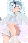  1boy :o absurdres aged_down ahoge artist_name black_gloves black_streaks blade_(nu_carnival) blurry blurry_foreground blush child cropped_jacket eyelashes from_below gloves gradient_cloak hair_over_one_eye high_collar highres hood jacket knee_up lazy_fish long_sleeves looking_at_viewer male_focus multicolored_hair nu_carnival purple_eyes raised_eyebrows rattail see-through_cloak see-through_clothes see-through_hood sharp_teeth shirt shoes short_hair shorts simple_background streaked_hair teeth white_background white_hair white_jacket white_shirt white_shoes white_shorts wide-eyed 