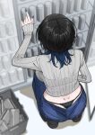  1girl absurdres black_hair black_nails black_panties blue_hair bra_visible_through_clothes breasts can commentary_request denim dimples_of_venus from_behind highres jeans large_breasts long_sleeves medium_hair midriff_peek multicolored_hair nail_polish original panties pants pointing ribbed_shirt ribbed_sweater see-through_clothes see-through_shirt shirt single_sleeve_past_wrist solo squatting sweater thong two-tone_hair underwear ushimochi 