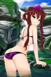  ass bikini brown_hair butt_crack checkered checkered_bikini hat highres himekaidou_hatate long_hair looking_back pointy_ears solo swimsuit tokin_hat touhou twintails water wet yakuta_tetsuya yellow_eyes 