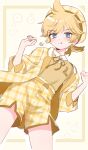 1boy absurdres alternate_costume androgynous antenna_hair belt beret blonde_hair blue_eyes blush border collared_shirt commentary_request cowboy_shot dress_shirt from_below g_hana hair_between_eyes hat high-waist_skirt highres jacket kagamine_len licking_lips long_sleeves looking_at_viewer male_focus neck_ribbon open_clothes open_jacket outline plaid_clothes plaid_hat plaid_jacket plaid_shorts ponytail ribbon shirt short_hair shorts sidelocks skirt solo spread_legs sweater thighs tongue tongue_out v-neck vocaloid white_outline white_shirt yellow_background yellow_border yellow_hat yellow_ribbon yellow_shorts yellow_sweater 