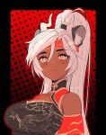  1girl alfyria animal_ear_fluff animal_ears black_dress breasts chinchilla_ears closed_mouth commentary dark-skinned_female dark_skin dragon_girl dragon_horns dress english_commentary headband high_ponytail horns indie_virtual_youtuber large_breasts looking_at_viewer ponytail red_headband sansin_jin scar scar_across_eyebrow scar_on_face solo virtual_youtuber white_hair yellow_eyes 