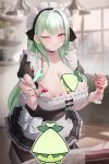  1girl alias_anono between_breasts black_dress bow breasts cake cake_slice cherry cleavage closed_mouth collarbone dress food fruit green_hair highres holding holding_spoon large_breasts long_hair maid maid_headdress one_eye_closed parfait pink_eyes qthanasaki second-party_source smile spoon v4mirai virtual_youtuber white_bow 