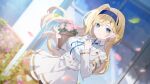  1girl artist_request blazer blonde_hair blue_eyes blue_hairband blue_ribbon closed_mouth dutch_angle earrings flower flower_pot game_asset grey_skirt hairband high-waist_skirt holding holding_flower_pot jacket jewelry long_hair muv-luv muv-luv_girls_garden narutaki_nanairo neck_ribbon official_art open_clothes open_jacket petals pink_flower pink_petals ribbon school_uniform shirt skirt solo third-party_source white_shirt 