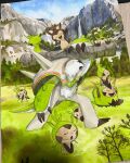  alternate_color blue_sky carrying chesnaught chespin claws closed_eyes commentary day english_commentary evolutionary_line grass highres log mofinngram no_humans on_head open_mouth outdoors painting_(medium) photo_(medium) plant pokemon pokemon_(creature) pokemon_focus pokemon_on_head quilladin shiny_and_normal shiny_pokemon sky smile spikes traditional_media tree unfinished watercolor_(medium) 