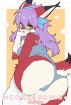  1girl animal_ears ass blush breasts commentary commission english_commentary from_behind furry furry_female glasses green-framed_eyewear green_eyes grey_panties highres large_breasts long_hair looking_at_viewer looking_back mo_(k40633) open_mouth original panties purple_hair simple_background smile snout solo tail thighhighs thighs trefoil twitter_username underwear white_thighhighs yellow_background 