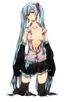  blue_hair detached_sleeves green_eyes hatsune_miku kneeling long_hair nashimura necktie open_clothes open_shirt panties shirt skirt solo striped striped_panties thighhighs twintails underwear very_long_hair vocaloid 