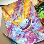  alternate_color art_tools_in_frame bird blue_fire cloud commentary english_commentary feathers fire ho-oh mofinngram no_humans open_mouth paint paintbrush painting_(medium) pokemon pokemon_(creature) pokemon_focus pokemon_omega_ruby_and_alpha_sapphire portal_(object) shiny_pokemon solo talons tongue traditional_media watercolor_(medium) yellow_eyes 