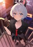  1girl absurdres ahoge black_gloves black_shirt black_skirt blue_archive breasts building cardigan cardigan_around_waist cellphone cleavage clothes_around_waist collarbone commentary demon_horns erika_(blue_archive) gloves grey_cardigan grey_hair gyaru hair_intakes half_gloves halo highres holding holding_phone horns kogal light_smile looking_at_viewer loose_necktie necktie nya_(xduy2738) open_collar phone railing red_necktie rooftop school_uniform shirt short_hair skirt smartphone solo 