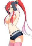  adjusting_hair armpits arms_up attsun_(atsushi_jb) bad_id bad_pixiv_id belt breasts bunching_hair elbow_gloves face gloves gradient_hair large_breasts legs long_hair looking_at_viewer midriff multicolored_hair navel pink_hair ponytail red_hair scarf short_shorts shorts simple_background solo striped striped_scarf tengen_toppa_gurren_lagann thighhighs thighs very_long_hair yellow_eyes yoko_littner 