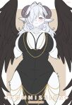  1girl animal_ears black_dress black_wings blush breasts brown_background closed_mouth clothing_cutout commentary commission curled_horns dress english_commentary furry furry_female grey_horns hair_over_one_eye highres hip_vent horns large_breasts long_hair looking_at_viewer mo_(k40633) mole mole_under_eye one_eye_covered original own_hands_together pink_eyes simple_background smile solo twitter_username white_hair wings 