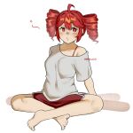  1girl absurdres ahoge arm_behind_leg arm_support artist_name baguette barefoot blush bra_strap bread breasts commentary drill_hair food full_body hidblack highres indian_style kasane_teto looking_to_the_side medium_breasts nose_blush off-shoulder_shirt off_shoulder pout red_eyes red_hair red_shorts shirt short_hair short_sleeves shorts sidelocks simple_background single_bare_shoulder single_off_shoulder sitting solo twin_drills utau white_background white_shirt 
