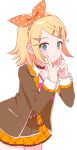  1girl absurdres black_choker black_jacket blonde_hair blue_eyes blush bow bow_hairband bowtie choker collarbone collared_shirt commentary cowboy_shot dress_shirt frilled_skirt frills g_hana hair_bow hair_ornament hairband hairclip highres jacket kagamine_rin leaning_forward leo/need_rin looking_at_viewer medium_hair nail_polish open_clothes open_jacket orange_bow orange_hairband orange_skirt parallel_hairclips parted_bangs pink_bow pink_bowtie plaid_clothes plaid_skirt pleated_skirt polka_dot polka_dot_bow project_sekai shirt sidelocks simple_background skirt smile solo standing thighs untranslatable_commentary vocaloid white_background white_shirt yellow_nails 