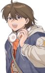  1boy :d adjusting_headphones arm_at_side artist_request bag blue_jacket brown_eyes brown_hair chinese_commentary commentary_request commission double-parted_bangs drawstring furry grey_bag grey_hood grey_sleeves hair_behind_ear hair_between_eyes hand_up headphones headphones_around_neck hector_(omori) highres hood hood_down hooded_jacket jacket kel_(birthday)_(omori) kel_(faraway)_(omori) kel_(omori) long_sleeves looking_at_viewer male_focus official_alternate_costume omori open_clothes open_jacket open_mouth orange_shirt prototype_design puffy_long_sleeves puffy_sleeves raglan_sleeves second-party_source shirt short_hair shoulder_bag simple_background single_hair_intake smile solo teeth upper_body upper_teeth_only watermark white_background 