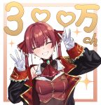  1girl anchor_symbol arm_up arrow_through_heart ascot black_choker black_coat blue_gem blush border breasts brooch brown_border brown_leotard buttons choker closed_eyes coat commentary contrast_lapels cropped_jacket dot_nose double_middle_w double_w earrings epaulettes fanged_bangs frilled_choker frilled_sleeves frills gem gloves gold_buttons gold_trim gradient_border grin hair_ribbon hands_up heart highres hololive houshou_marine houshou_marine_(1st_costume) inset_border jacket jewelry lapel_pin lapels large_breasts leaning_to_the_side leotard leotard_under_clothes lone_nape_hair long_sleeves milestone_celebration multicolored_coat multicolored_jacket no_eyepatch outside_border pirate_costume red_ascot red_hair red_jacket red_ribbon ribbon see-through_cleavage see-through_clothes see-through_leotard shino_12a sidelocks single_bare_shoulder sleeveless sleeveless_jacket sleeves_past_wrists smile solo sparkle straight-on twintails untranslatable_commentary upper_body virtual_youtuber w white_border white_gloves 