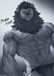 2boys abs adza_(crave_saga) animal_ears artist_name bara black_male_underwear black_sclera character_name closed_mouth colored_sclera commentary_request copyright_name crave_saga cross_scar fangs fangs_out flying_sweatdrops fox_boy fox_ears furry furry_male green_eyes highres lion_boy lion_ears lion_mane looking_at_another looking_at_viewer male_focus male_underwear multiple_boys multiple_scars muscular muscular_male navel nipples pectorals scar scar_across_eye scar_on_chest scar_on_face scar_on_nose sky_(sora_no_gomibako) sweatdrop topless_male translation_request twitter_username underwear wheel_(crave_saga) 
