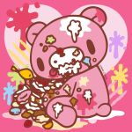  artist_name birthday cherry commentary_request donut food food_on_body food_on_face fruit gloomy_bear heart highres itazuraguma_no_gloomy looking_at_viewer looking_back mori_chack official_art pink_background pink_bear pink_theme splatter stuffed_animal stuffed_toy tail teddy_bear tongue tongue_out 