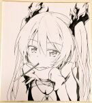  1girl blush commentary_request cthugha_(nyaruko-san) food food_in_mouth hair_between_eyes haiyore!_nyaruko-san hands_up highres interlocked_fingers long_hair looking_at_viewer monochrome own_hands_together photo_(medium) pocky pocky_in_mouth shikishi simple_background sleeves_past_wrists solo straight_hair traditional_media tsurime twintails upper_body white_background yuto_(dialique) 