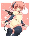  bikini blush demon_girl elbow_gloves fingerless_gloves flat_chest front-tie_top gloves horns open_mouth original panties pink_eyes pink_hair pointy_ears ribbon sakaki_(noi-gren) short_hair side-tie_panties solo swimsuit tail thighhighs underwear wings 