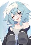  1girl absurdres animal_ears bare_shoulders black_jacket blue_eyes blue_hair blue_nails blue_tail camisole collarbone fingernails fluffy_hair glasses grey_camisole highres indie_virtual_youtuber jacket jacket_partially_removed long_sleeves looking_at_viewer mask mask_on_head medium_hair mole mole_under_eye off_shoulder one_eye_closed open_clothes open_jacket open_mouth round_eyewear semi-rimless_eyewear simple_background sleep_mask sleepiebug sleeves_past_wrists smile solo tail thick_eyebrows under-rim_eyewear upper_body valefal_coneri virtual_youtuber white_background 