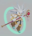  1boy absurdres alternate_costume animal_ears artist_name boots brown_boots brown_eyes capelet cicirca commentary cosplay english_commentary frieren frieren_(cosplay) furry furry_male gloves gold_trim grey_background grey_fur highres looking_at_viewer silver_the_hedgehog simple_background skirt solo sonic_(series) sousou_no_frieren white_capelet white_gloves white_skirt 