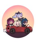 1boy 3girls black_hairband black_jacket blade_(honkai:_star_rail) blue_hair border car chibi closed_eyes commentary cropped_jacket driving english_commentary eyewear_on_head firefly_(honkai:_star_rail) gradient_hair hairband highres honkai:_star_rail honkai_(series) jacket kafka_(honkai:_star_rail) long_hair motor_vehicle multicolored_hair multiple_girls open_mouth orange_skirt pink_eyes pointing purple_eyes purple_hair red_eyes red_hair round_eyewear shirt silver_wolf_(honkai:_star_rail) skirt smile soggy_muck sparkle stellaron_hunters_(honkai:_star_rail) upper_body white_border white_shirt 