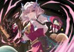  1girl arknights arknights:_endfield asiri_senpai breasts commentary fingerless_gloves gloves hair_intakes highres jacket large_breasts looking_at_viewer medium_hair mi_fu_(arknights) mole mole_under_eye multicolored_eyes parted_lips pink_gloves pink_hair pink_shirt pointy_ears shaded_face shirt solo upper_body v-shaped_eyebrows white_jacket 