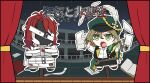  1boy 1girl :o aleph_(reverse:1999) arms_up black_mask black_shorts black_vest brown_hair cape chibi commentary_request covered_face curtains full_body green_cape green_eyes green_hat hat hat_feather holding holding_notebook holding_paper indoors mask mole mole_under_eye nakataro_(4ka7ka) newsboy_cap notebook open_mouth pants paper recoleta_(reverse:1999) red_hair reverse:1999 shirt short_hair shorts stage_curtains vest white_pants white_shirt 