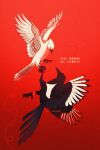  animal animal_focus animalization ariane_yeong artist_name bird bird_ringing commentary elster_(signalis) english_commentary english_text full_body highres magpie no_humans plasterhound red_background signalis simple_background string string_of_fate tag white_bird 