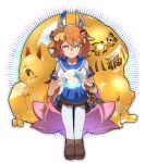  +_+ 1girl animal_ears bead_bracelet beads bracelet breasts brown_shoes closed_mouth clothing_cutout clover_hair_ornament coin commentary_request crystal_ball daruma_doll datemegane ema flower four-leaf_clover_hair_ornament gourd hair_ornament highres horse_ears horse_girl horse_tail jewelry loafers looking_at_viewer lotus maneki-neko matikanefukukitaru_(rising_fortune)_(umamusume) matikanefukukitaru_(umamusume) orange_hair pig sailor_collar shirt shoes short_hair short_sleeves shoulder_cutout sitting skirt small_breasts smile solo straight-on tail thighhighs umamusume v-shaped_eyebrows white_background white_shirt white_thighhighs yellow_eyes 