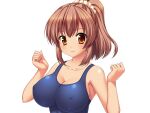  1girl aomi_riru blue_one-piece_swimsuit blush breasts brown_eyes brown_hair cleavage clenched_hands closed_mouth collarbone covered_nipples game_asset hair_between_eyes hair_ornament hair_scrunchie hands_up large_breasts large_variant_set non-web_source official_art one-piece_swimsuit ponytail school_swimsuit scrunchie self-datamine sidelocks simple_background smile solo standing swimsuit tachi-e tan toriumi_hinata transparent_background upper_body variant_set yumemi_ga_cheek! 