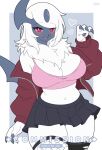  1girl absol animal_ears asymmetrical_legwear black_skirt black_thighhighs blush breasts commentary commission english_commentary fishnet_thighhighs fishnets furry furry_female grey_background hand_up heart highres horns humanization jacket large_breasts long_sleeves medium_hair miniskirt mismatched_legwear mismatched_thighhighs mo_(k40633) navel open_clothes open_jacket pleated_skirt pokemon red_eyes red_jacket simple_background single_horn skirt smile solo stomach thighhighs torn_clothes torn_thighhighs twitter_username unzipped white_hair 