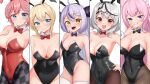  5girls absurdres ahoge alternate_breast_size_(larger) animal_ear_fluff animal_ear_hairband animal_ears antenna_hair bare_shoulders black_bow black_bowtie black_leotard black_pantyhose black_streaks blonde_hair blue_eyes blush bow bowtie braid braided_bun breasts brown_pantyhose cleavage closed_mouth collar collarbone commentary_request covered_navel crown_braid cup demon_girl demon_horns detached_collar drinking_glass fake_animal_ears fang fishnet_pantyhose fishnets grey_hair hair_between_eyes hair_bun hair_ornament hairband hakui_koyori hand_on_own_hip hand_to_own_mouth head_wings highleg highleg_leotard highres holding holding_plate hololive holox horns jitome kazama_iroha la+_darknesss large_breasts leotard long_hair looking_at_viewer medium_hair multicolored_hair multiple_girls open_mouth oversized_breast_cup pantyhose pink_hair plate playboy_bunny ponytail purple_eyes purple_streaks rabbit_ear_hairband rabbit_ears raised_eyebrows ramkilog red_eyes red_leotard sakamata_chloe short_hair simple_background single_braid skindentation small_breasts smile strapless strapless_leotard streaked_hair striped_horns tail takane_lui thighhighs thighs tongue tongue_out traditional_bowtie very_long_hair virtual_youtuber white_background white_collar white_thighhighs white_wrist_cuffs wine_glass wings wolf_ears wolf_girl wolf_tail wrist_cuffs x_hair_ornament yellow_eyes 