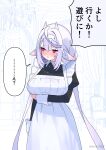  1girl :o animal_ears apron arm_under_breasts black_dress blush braid breasts collared_dress commentary_request dress grey_hair hair_between_eyes hair_intakes highres horns indoors juliet_sleeves large_breasts long_hair long_sleeves low_twintails maid maid_apron nose_blush original parted_lips puffy_sleeves purple_eyes small_sweatdrop solo sweat translation_request twin_braids twintails twitter_username very_long_hair white_apron zenshin 