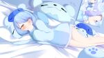  1girl absurdres bed blue_hair blush buruii_tte commentary english_commentary headphones headphones_around_neck highres holding icey_snowpaws long_sleeves lying on_bed on_side paw-shaped_pupils paw_print pillow sleep_mask symbol-shaped_pupils vallure virtual_youtuber zzz 