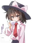  1girl :/ black_hat black_skirt bow brown_eyes collared_shirt cup hat hat_bow highres holding holding_cup ishijogahara long_sleeves medium_hair mug necktie red_necktie request_inset shirt shirt_tucked_in skirt solo touhou translation_request upper_body usami_renko white_background white_bow white_shirt 