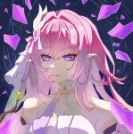  1girl bare_shoulders breasts chinese_commentary cleavage commentary_request corset crystal_shards diamond-shaped_pupils diamond_(shape) elf elysia_(herrscher_of_human:_ego)_(honkai_impact) elysia_(honkai_impact) english_commentary highres honkai_(series) honkai_impact_3rd huashijie_(medium) large_breasts long_hair mixed-language_commentary pink_hair pointy_ears purple_eyes renrain sky smile solo star_(sky) starry_sky symbol-shaped_pupils triquetra upper_body veil very_long_hair white_corset white_veil 