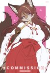  1girl animal_ear_fluff animal_ears blush breasts brown_hair commentary commission english_commentary folding_fan furry furry_female hand_fan highres holding holding_fan japanese_clothes large_breasts long_hair long_sleeves miko mo_(k40633) original parted_lips petals pink_background purple_eyes simple_background snout solo tail twitter_username wide_sleeves 