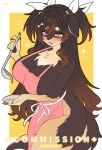  1girl animal_ears apron blush breasts brown_hair commentary commission dog_ears dog_girl english_commentary furry furry_female gradient_hair highres holding holding_ladle ladle large_breasts long_hair looking_at_viewer mo_(k40633) multicolored_hair naked_apron open_mouth original pink_apron sideboob simple_background smile snout solo tail tearing_up twitter_username two_side_up yellow_background yellow_eyes 