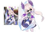  1girl ahoge aqua_hair blonde_hair breasts commentary derivative_work detached_sleeves enna_alouette enna_alouette_(1st_costume) gradient_hair hair_between_eyes head_wings hood hood_down lllll_(llllla3434) looking_at_viewer low_twintails low_wings multicolored_hair nijisanji nijisanji_en purple_eyes reference_inset screenshot_inset screenshot_redraw simple_background small_breasts smile solo sunglasses twintails untranslatable_commentary virtual_youtuber white_background wings 