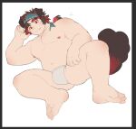  1boy animal_ears arknights ass bara barefoot belly biceps brown_hair bulge chinese_commentary closed_mouth commentary_request cursor dog_ears dog_tail fang fang_out lao_jiang_(arknights) looking_at_viewer male_focus male_underwear multicolored_hair muscular muscular_male navel nipples pectorals plump ponytail smile streaked_hair tail underwear unfinished white_background white_male_underwear ye_xiang_(l3yj2vcknincza7) 