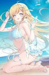  1girl aizawa_ema aqua_hair aqua_nails beach bikini blonde_hair blue_eyes bracelet breasts cloud cloudy_sky commentary earrings frilled_bikini frills gradient_hair hair_ribbon highres innertube jewelry kneeling large_breasts lens_flare long_hair looking_at_viewer manyako_(mohumohu) midriff multicolored_hair navel necklace ocean open_mouth ramune ribbon sandals scrunchie sideboob sky solo swim_ring swimsuit thigh_strap twitter_username very_long_hair virtual_youtuber vspo! wrist_scrunchie 