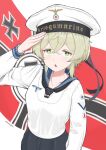 +_+ 1girl :o blonde_hair collarbone feet_out_of_frame flag german_flag hat highres kriegsmarine original sailor sailor_hat savankov shirt short_hair solo standing white_shirt world_war_ii 