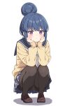  1girl :o absurdres black_pantyhose black_sailor_collar blue_hair blue_skirt blush brown_shoes commentary_request full_body hair_bun highres loafers looking_at_viewer motosu_school_uniform neckerchief panties panties_under_pantyhose pantyhose pantyshot parted_lips plaid_clothes plaid_skirt purple_eyes sailor_collar school_uniform setteiset shima_rin shoes short_hair sidelocks simple_background single_hair_bun skirt solo squatting sweater underwear white_background white_neckerchief white_panties yellow_sweater yurucamp 