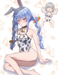  2girls :3 animal_background animal_ear_fluff animal_ears animal_print bare_shoulders barefoot bell bikini black_choker black_trim blue_hair blush blush_stickers bottle bow braid breasts bright_pupils carrot carrot_hair_ornament casual_one-piece_swimsuit chibi chibi_inset choker cleavage cleavage_cutout closed_eyes clothing_cutout collarbone commentary cow cow_print cow_print_bikini cowbell dot_nose double_biceps_pose doyagao embarrassed extra_ears fanged_bangs feet_out_of_frame flexing food-themed_hair_ornament full_body grey_hair groin hair_between_eyes hair_bow hair_ornament halterneck hand_on_floor highres hikimayu hololive jitome large_breasts light_frown long_hair long_sidelocks looking_at_viewer medium_hair milk_bottle mole mole_on_breast multicolored_hair multiple_girls no_nose one-piece_swimsuit orange_eyes patterned_background print_bikini rabbit-shaped_pupils rabbit_ears rabbit_girl shino_12a shirogane_noel short_eyebrows side_braid sidelocks sitting small_breasts smug sweatdrop swimsuit symbol-shaped_pupils thick_eyebrows twin_braids two-tone_hair untranslatable_commentary usada_pekora v-shaped_eyebrows virtual_youtuber wavy_hair white_background white_bow white_hair white_one-piece_swimsuit white_pupils x_navel yokozuwari 